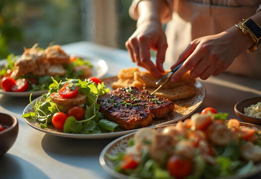 A person preparing a gourmet meal, arranging food on plates with fresh ingredients.