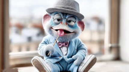 Fototapeta premium A Blue, Cute, and Funny Monster Wearing a Suit, Bowtie, and Hat with a Lollipop