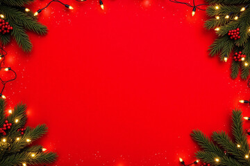 christmas tree with red berries and lights on a red background