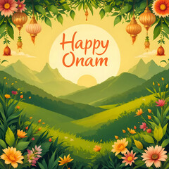 Happy Onam greeting card design featuring an overhead view of a colorful Pookalam made with marigolds, jasmine, and rose petals,