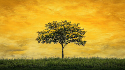 Obraz premium A solitary yellow-flowered tree surrounded by fresh green grass, standing under a bold, saturated yellow sky with a few scattered clouds above