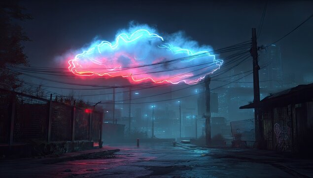 Neon cloud hovers over a misty alley