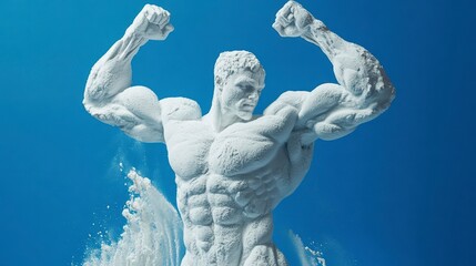 Sculpted bodybuilder figure flexing muscles, covered in white powder against a blue background.