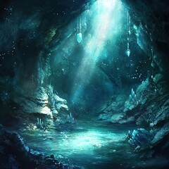 Mystical teal cave scene