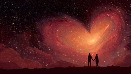 A couple stands on a horizon overlooking a heart-shaped nebula in the night sky