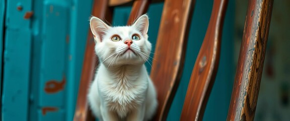 Curious white cat perched on rustic wooden chair, gazing upward,   paws,   sharp