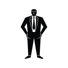 A simple black and white graphic design of a business professional