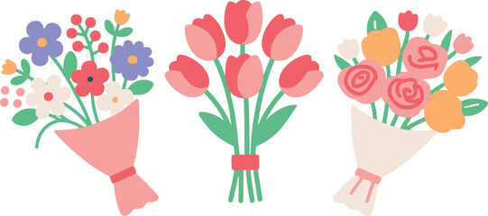 Charming Bouquets of Flowers Featuring Tulips and Assorted Blooms Wrapped in Decorative Paper for Celebratory Occasions and Artistic Designs