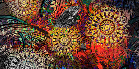 Mystical Mandala Background – Intricate Bohemian Art for Meditation, Tattoo, and Decor, colorful vintage art, ancient Indian vedic background design, old painting texture with  mathematical shapes