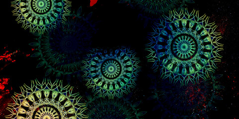 Mystical Mandala Background – Intricate Bohemian Art for Meditation, Tattoo, and Decor, colorful vintage art, ancient Indian vedic background design, old painting texture with  mathematical shapes