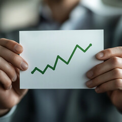 business growth line chart in green color on a wide white card in horizontal format held between to middle aged hands, POV camera perspective, ultra realistic, made with generative AI
