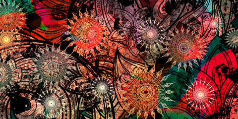 Mystical Mandala Background – Intricate Bohemian Art for Meditation, Tattoo, and Decor, colorful vintage art, ancient Indian vedic background design, old painting texture with  mathematical shapes