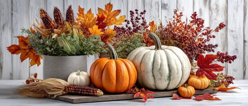 Autumnal display of gourds and foliage