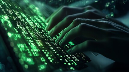 Close-up of hands typing on a laptop keyboard, glowing green code