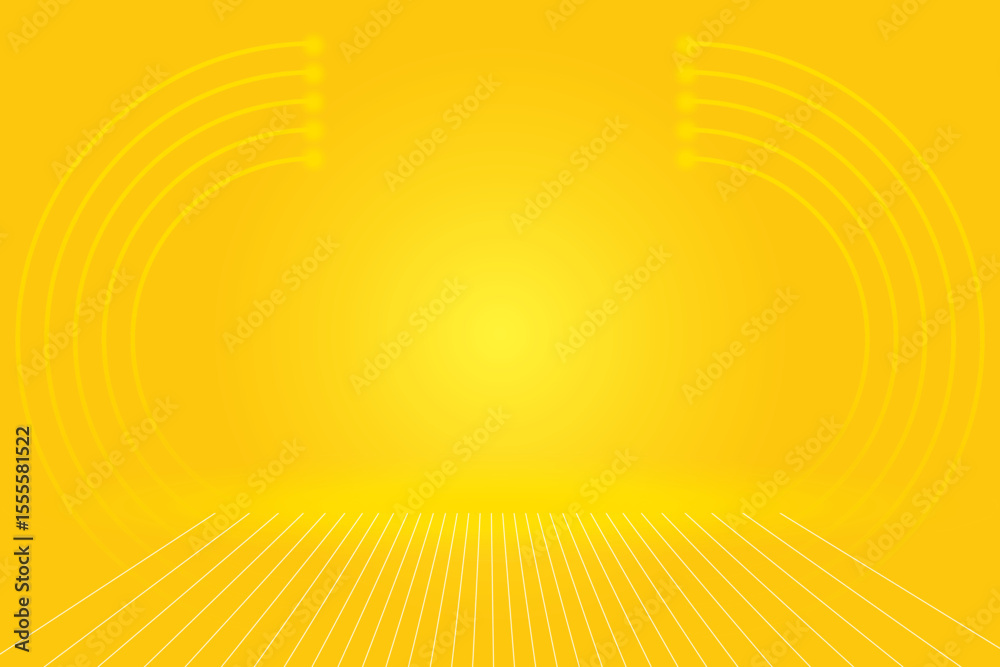Poster abstract yellow background with radiating lines and glowing circular arcs creating a sense of depth 