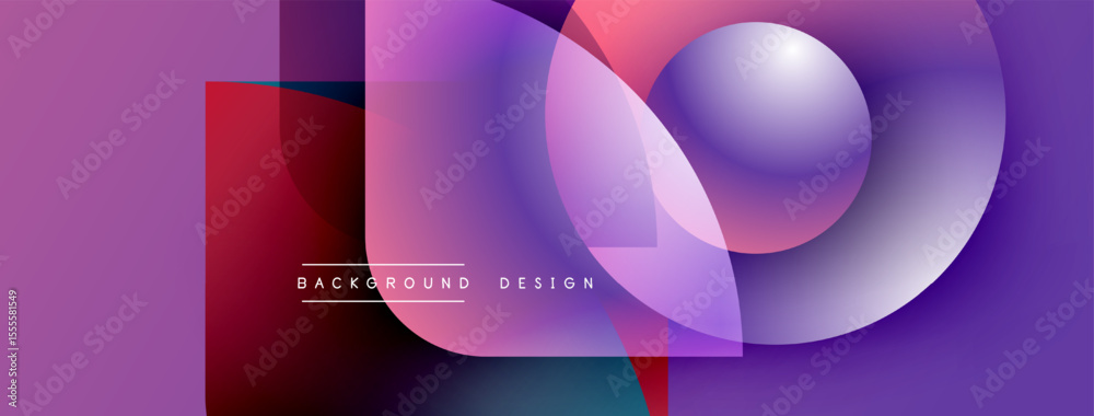 Poster Abstract purple design features overlapping circles, squares. Gradient colors create modern visual effect. Text reads background design.