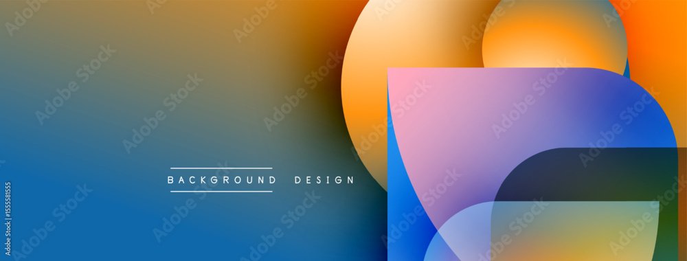 Poster Abstract geometric shapes overlap. Gradient colors blend from blue to orange. Modern design elements create visual interest.