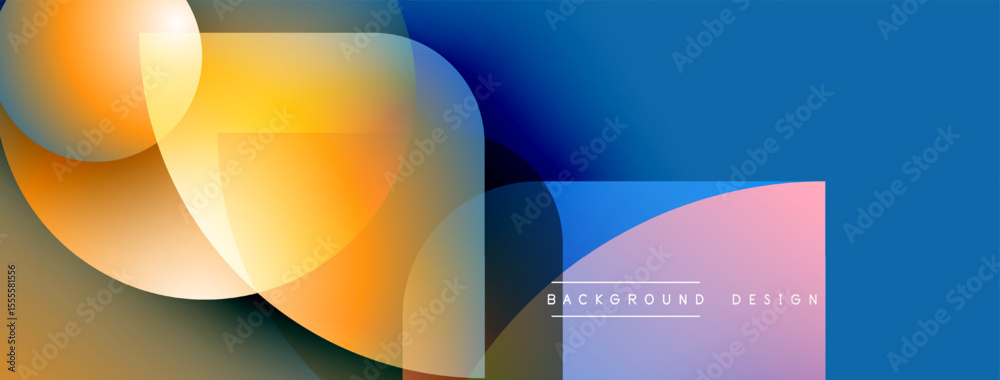 Poster abstract geometric shapes overlap, creating vibrant color gradients. blue, orange, yellow hues domin