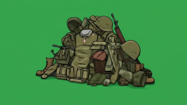 Cartoon military equipment pile on green background