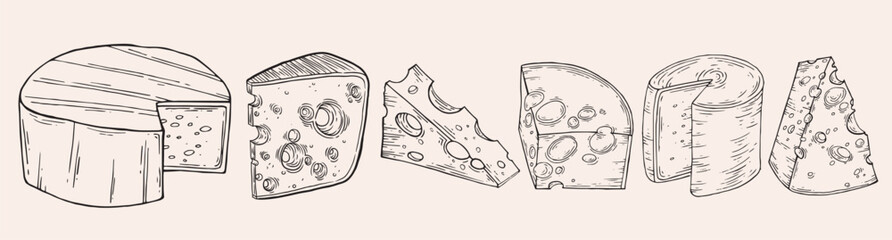 Cheese hand drawn set. Ink doodle sketch isolated on white background. Hand drawn vector illustration. Vintage style stroke drawing.