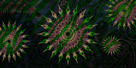 Mystical Mandala Background – Intricate Bohemian Art for Meditation, Tattoo, and Decor, colorful vintage art, ancient Indian vedic background design, old painting texture with  mathematical shapes