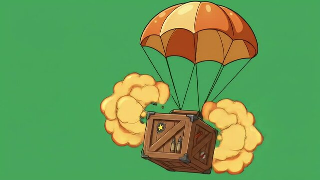 Cartoon parachute descending from crate with explosives
