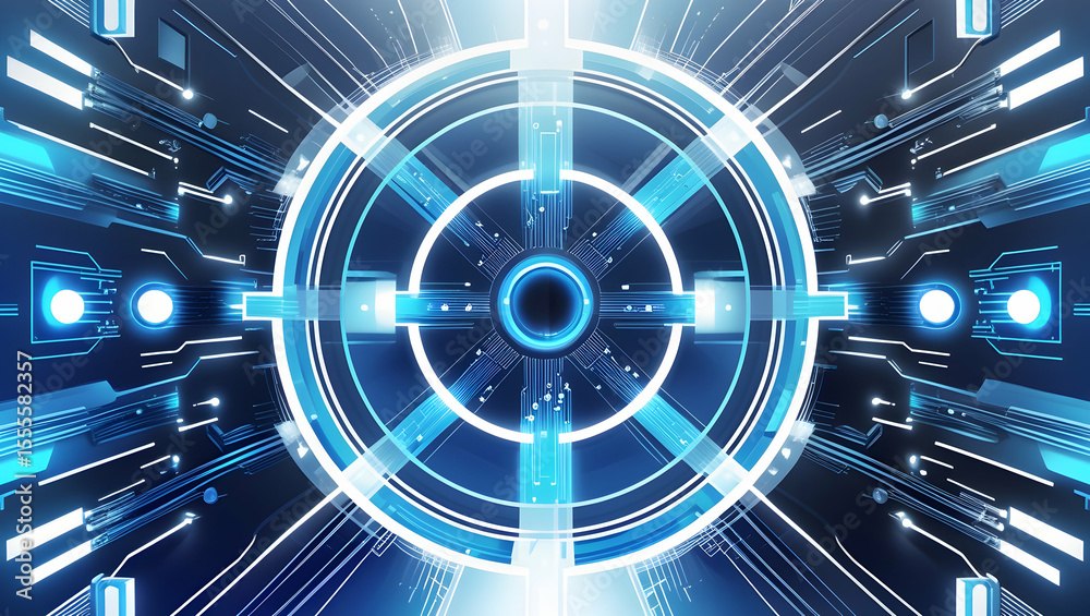 Poster futuristic digital interface center with glowing blue circuitry and geometric patterns simulating ad