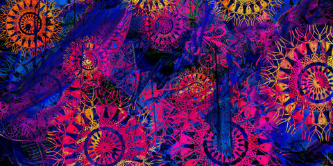 Mystical Mandala Background – Intricate Bohemian Art for Meditation, Tattoo, and Decor, colorful vintage art, ancient Indian vedic background design, old painting texture with  mathematical shapes