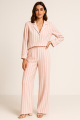 A elegant woman in a chic pink striped pajama set posing