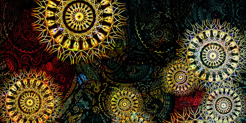 Mystical Mandala Background – Intricate Bohemian Art for Meditation, Tattoo, and Decor, colorful vintage art, ancient Indian vedic background design, old painting texture with  mathematical shapes