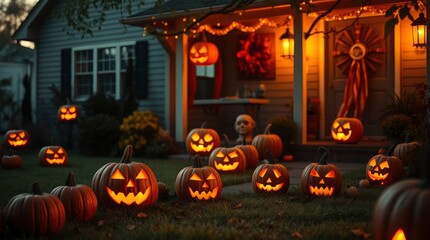 Obraz premium Lit jackolanterns decorate a lawn in front of a house adorned with Halloween lights and decorations
