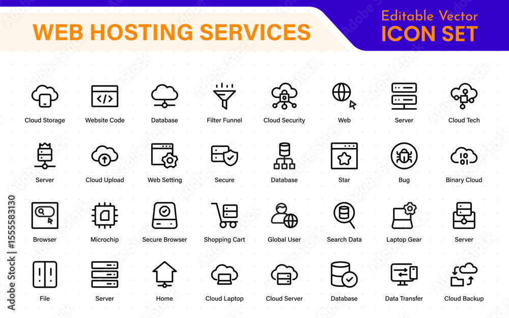 Wall mural set of web hosting and cloud services icons. linear style icon bundle.outline icon collection.