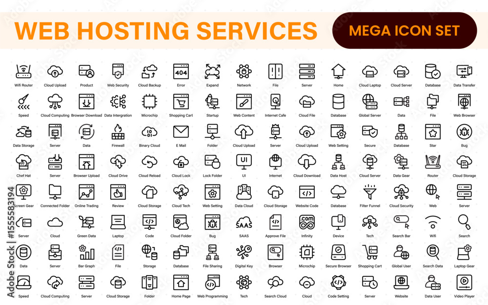 Fototapete Set of web hosting and cloud services icons. Linear style icon bundle.Outline icon collection.