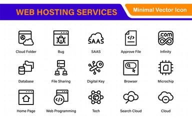Set of web hosting and cloud services icons. Linear style icon bundle.Outline icon collection.
