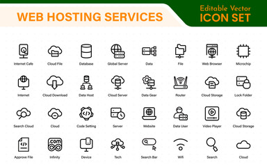 Set of web hosting and cloud services icons. Linear style icon bundle.Outline icon collection.