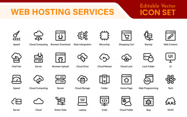 Set of web hosting and cloud services icons. Linear style icon bundle.Outline icon collection.