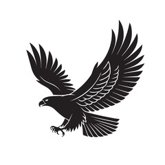 Obraz premium Black minimal vector silhouette of a flying eagle with wings spread wide on transparent PNG-style background – bird of prey icon, avian graphic, wildlife emblem, simple contour design