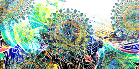 Mystical Mandala Background – Intricate Bohemian Art for Meditation, Tattoo, and Decor, colorful vintage art, ancient Indian vedic background design, old painting texture with  mathematical shapes