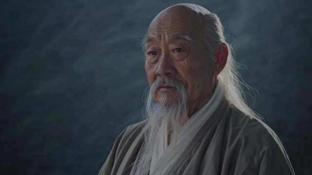 A serene landscape video with a wide-angle view of a monk standing on lush green hills, framed by misty mountains under a soft, diffused light.