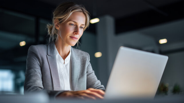 A focused professional woman in a gray business suit, sitting at a desk with a laptop in a modern corporate office, looking at the screen with a calm expression and soft lighting in the background - Powered by Adobe