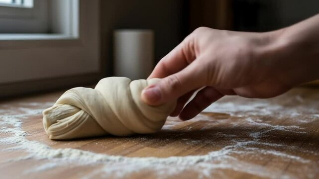 Step by step process of shaping twisted dough on wooden surface with flour
