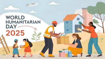 World humanitarian day 2025 illustration showing people helping each other with donations