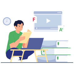 School Learning Illustration. Vector illustration of A male student reviews notes and studies online to improve his academic performance, symbolizing learning from failure. Isolated on background