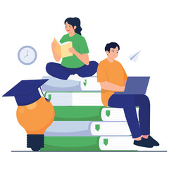 School Learning Illustration. Vector illustration of A boy and girl study together while sitting on stacked books, symbolizing collaborative learning and academic success. Isolated on background