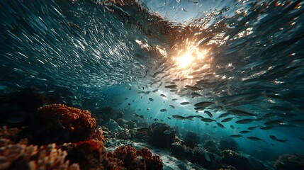 Tropischer Fischschwarm unter Wasser mit strahlendem Sonnenlicht
