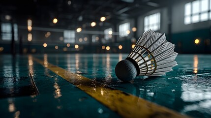 Badminton Federball auf Hallenboden bei dramatischer Beleuchtung
