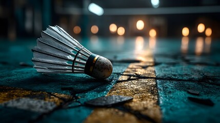 Federball auf abgenutztem Hallenboden mit dramatischer Lichtstimmung

