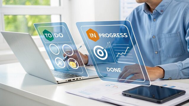 Businessman interacting with a futuristic holographic interface displaying project progress and to do list items on a laptop - Powered by Adobe