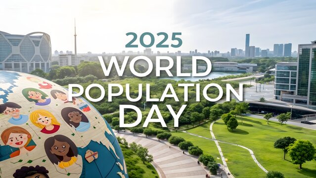 Celebrate 2025 world population day with diverse people and a modern cityscape