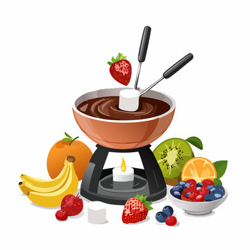 chocolate fondue with fruit, white background clip art preview